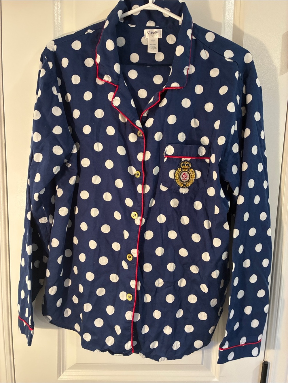 Claudel 2-Piece Navy Polka Dot Pajama Set | Button Top & Pants with Red Trim